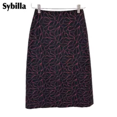 Sybilla 台形ウールタイトスカート M 黒×赤 花柄刺繍のサムネイル