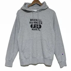 日本 ヴィンテージ Champion ロゴプリント 裏毛 フード付きTシャツ M グレー