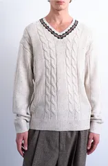 トップマン メンズ アウター パーカー・スウェット Vネック セーター Topman VNeck Cable Nep Sweater Ecru エクリュのサムネイル