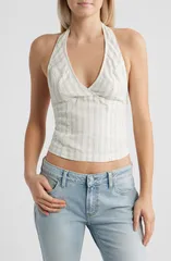 アーバンアウトフィッターズ レディース トップス シャツ リネン ホルター BDG Urban Outfitters Quinn Stripe Linen Halter Top White Stripのサムネイル
