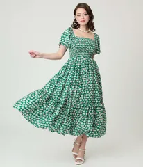 ユニークビンテージ レディース トップス ワンピース ミディ シャーリング Unique Vintage Smocked Bodice Midi Dress Green Ditsy Floral グリーン