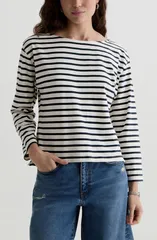 エージー レディース トップス Tシャツ コットン AG Annie Stripe Stretch Cotton TShirt PowderPacific Navy ネイビーのサムネイル