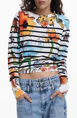 デジグアル レディース アウター パーカー・スウェット フラワー柄 セーター フラワー Desigual Stripe Floral Sweater White Multi ホワイトのサムネイル