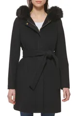 コールハーン レディース アウター ジャケット・ブルゾン ウール Cole Haan Faux Fur Trim Wool Blend Jacket Black ブラックのサムネイル