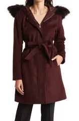 コールハーン レディース アウター ジャケット・ブルゾン ウール Cole Haan Faux Fur Trim Wool Blend Jacket Bordeauxのサムネイル