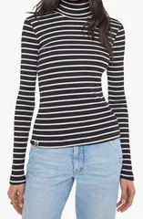 マザー レディース トップス シャツ モックネック MOTHER The Long Sleeve Hickey Mock Neck Top Black And White Stripe ホワイトのサムネイル