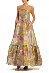 マックダガル レディース トップス ワンピース フリル裾 フラワー柄 フリル ストラップレス フラワー Mac Duggal Womenstrapless Brocade Floral Gown With Ruffle Hem Turquoise Multi
