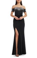 Dress the Population 女士上衣 连衣裙 Dress the Population Logan 缀饰露肩礼服 黑色银色