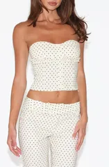 タイガーミスト レディース トップス シャツ フリル ストラップレス Tiger Mist Kittie Ruffle Strapless Crop Top Cream Polka Dot クリーム