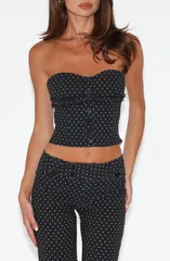タイガーミスト レディース トップス シャツ フリル ストラップレス Tiger Mist Kittie Ruffle Strapless Crop Top Black Polka Dot ブラック