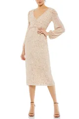 マックダガル レディース トップス ワンピースパンコール Mac Duggal Sequin Faux Wrap V Neckline Cocktail Dress with PuffShoulder Sleeves Nude
