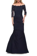 ラフェム レディース トップス ワンピース サテン レース La Femme Satin Mermaid Gown with Off the Shoulder Lace Bodice Navy ネイビー