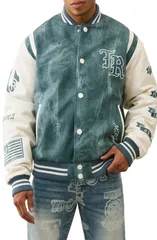 トゥルーレリジョン メンズ アウター ジャケット・ブルゾン デニム レザー フェイクレザー True Religion Retro Varsity Denim Faux Leather Jacket Denim Winter White ホワイト