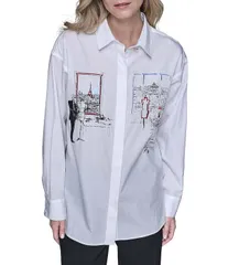 カール ラガーフェルド レディース トップス シャツ KARLAGERFELD PARIS Poplin Point Collar Long Sleeve Button Front Shirt Whiのサムネイル