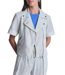 ダナキャラン レディース アウター コート リネン ジャケット DKNY by Donna Karan Coordinating Linen Blend Stripe Notch Lapel Shorのサムネイル