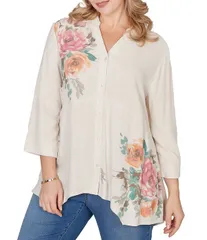 ルビーアールディー レディース トップス シャツ Vネック プラスサイズ リネン Ruby Rd Plusize SandWashed Linen Collared VNeck 34 Sleeve Bのサムネイル