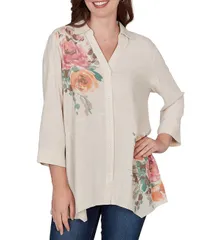 ルビーアールディー レディース トップス シャツ Vネック リネン Ruby Rd SandWashed Linen Collared VNeck 34 Sleeve Button Front Cooのサムネイル