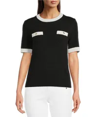 カール ラガーフェルド レディース アウター ニット・セーター クルーネック リブ KARLAGERFELD PARIS Ribbed Knit Crew Neck Short Sleeve Sweaのサムネイル