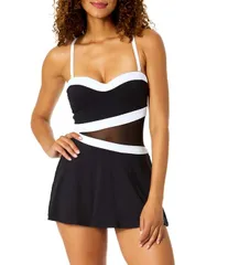 アンコール レディース トップス ワンピース メッシュ ストラップレス Anne Cole Gabor Mesh Paneled Strapless One Piece Swim Dress BlackWhite ホワイト