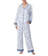 トッミーバハマ レディース アンダーウェア ナイトウェア フラワー柄 Tシャツ フラワー Tommy Bahama Long Sleeve Notch Collar Floral Sateen Long Pajama Set WhiteBlue Floral