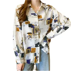 [TaKiHuReO] レディース 長袖 お洒落 シャツ 幾何学柄 開襟 ゆったり オーバー サイズ ブラウス 通勤 ポリエステル 着痩せ アート トップス シンプル 可愛い 韓国風 UVカット 春 夏 秋 総柄 長袖シャツ トレンド 大 [ホワイト] [M]