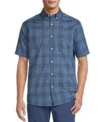ラウンドトゥリーアンドヨーク メンズ トップス シャツ Roundtree Yorke TravelSmart Easy Care Short Sleeve Large Plaid Poplin Sport Shirt Dark Blue ブルー
