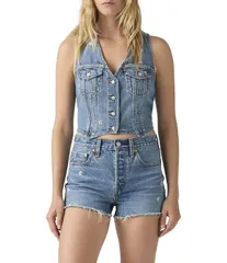 リーバイス レディース アウター ベスト フラワー柄 刺繍 デニム フラワー LevisR Floral Embroidered Racer Denim Vest Bee In The Bonnetのサムネイル