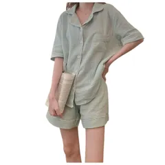 [AQUA Marine] ルームウェア レディース ミントグリーン 半袖パジャマ セットアップ 快適ガーゼ風コットン 薄手 軽量 吸汗速乾 おうち時間 リラックスウェア ナイトウェア 可愛い (JP, アルファベット, L, ミン [ミントグリーン] [L]