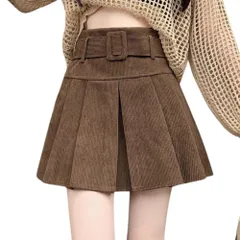 [AQUA Marine] ミニプリーツスカート レディース ハイウエスト ベルト付き コーデュロイ ミニスカ フレアシルエット かわいい 脚見せ カジュアル＆フェミニン インナー付き(ブラウン,M） [ブラウン] [M]