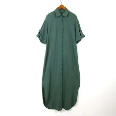 シーイン SHEIN シャツワンピース リネン オーバーサイズ ロング マキシ ロールアップ 5分袖 半袖 M 緑 グリーン