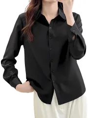 [ブブ オーハナ] シャツ ブラウス 長袖 無地 ワイシャツ カッターシャツ レディース レギュラー カラー 襟 付き 女性 服 用 春 夏 秋 冬 物 トップス オフィス カジュアル OL 会社 学生 制服 Yシャツ ボタン ブラック  [ブラック] [M]