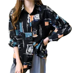 [TaKiHuReO] レディース 長袖 お洒落 シャツ 幾何学柄 花柄 ゆったり オーバーサイズ ブラウス 通勤 ポリエステル 着痩せ アート柄 トップス (M, ブラック) [ブラック] [M]