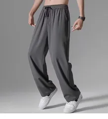 メンズ 超伸縮 ワイドレッグパンツ 冷感 薄手 ドローストリング 吸湿速乾 ルーズフィット ストリート カジュアル 夏用