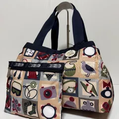 【美品】LeSportsac レスポートサック トートバッグ 肩掛け ショルダーバッグ ポーチ付き 総柄 ネイビー ベージュ マルチカラー B526