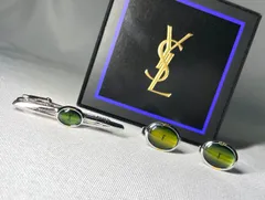 美品 YVES SAINT LAURENT イヴサンローラン YSL グリーンストーン&シルバー ヴィンテージカフス ネクタイピンセット タイピン ケース有