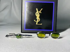 美品 YVES SAINT LAURENT イヴサンローラン YSL グリーンストーン&シルバー ヴィンテージカフス ネクタイピンセット タイピン ケース有