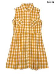 古着 前開き ギンガムチェック柄 コットン 膝丈 ノースリーブ ワンピース オレンジ (otu2406159)
