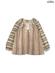 古着 リボン レース チェック柄 ストライプ柄 コットン 長袖 ブラウス 赤 オレンジ ベージュ (ttu2601236)