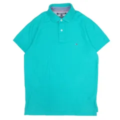 TOMMY HILFIGER トミーヒルフィガー ポロシャツ カットソー シャツ 半袖 フラッグロゴ スリムフィット M 緑 エメラルドグリーン メンズ 古着 中古 USED