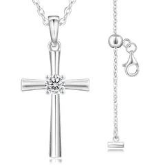 【新品】 KRKC&CO モアサナイト クロスネックレス 誕生日プレゼント女性 レディース 十字架 ペンダントネックレス シルバー925 リボンモチーフ 金属アレルギー対応 チェーン付き 長さ調整可能 プレゼント 女性 人気 ギフトボックス付 (A-ステッ 1