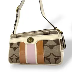 美品 コーチ COACH ショルダーバッグ シグネチャー ターンロック キャンバス レザー パテント ベージュ ブラウン アイボリー ピンク ゴールド金具 レディース S90