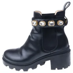 GUCCI (グッチ) GGマーモント ビジュー クリスタル装飾 レザー サイドゴア ショートブーツ ブラック レディース