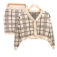 グレイル GRL セットアップ ニット カーディガン スカート M ベージュ チェック柄 Vネック ミニ丈 /NU ■GY58