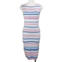 ビーシービージーマックスアズリア BCBGMAXAZRIA マルチボーダーニットワンピース ひざ丈 ノースリーブ タイト XS ホワイト ピンク ブルー /X