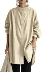 Arimelune トップス ロングシャツ ワンピース レディース きれいめ 長袖 スタンドカラー 無地 ゆったり おしゃれ かわいい ベーシック 定番 婦人 ママ フロント (ベージュ,  L)