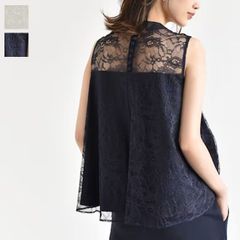 新品》ELISA フラワー装飾 プリーツ ノースリーブ ブラウス 紺 光沢 M 
