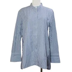 ユニクロ UNIQLO ＋J 美品 21SS スーピマコットンスタンドカラーストライプシャツ 231-436693 長袖 比翼仕立て M ブルー ホワイト /X