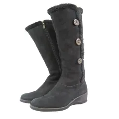 良品 Yoshinoya 銀座ヨシノヤ エコレザー ロングブーツ サイドジップ ボタン シューズ 靴  23.5 黒 ブラック レディース 古着 中古 USED