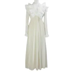 Lueur リュール ドレス ワンピース ロング 長袖 レース チュール ラメ Vネック M アイボリー /X