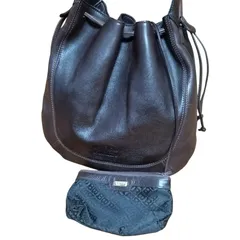 BALLY バリー 巾着型 オールレザー トートバック ポーチ付 ダークブラウン シボ革 シュリンクレザー ブランドロゴ 型押し 肩がけ ショルダーバック 総柄 ユニセックス 男女兼用